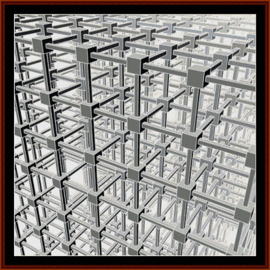 Complex geometric Counted Cross Stitch Pattern by Cross Stitch Collectibles with interlocking shapes in black and white.
