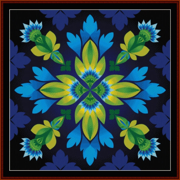 Counted Cross Stitch Pattern by Cross Stitch Collectibles with blue and green floral pattern on a dark background
