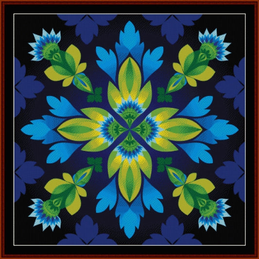 Counted Cross Stitch Pattern by Cross Stitch Collectibles with blue and green floral pattern on a dark background