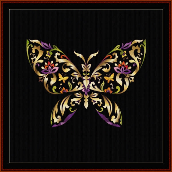 Decorative butterfly with floral patterns on a black background - Counted Cross Stitch Pattern by Cross Stitch Collectibles