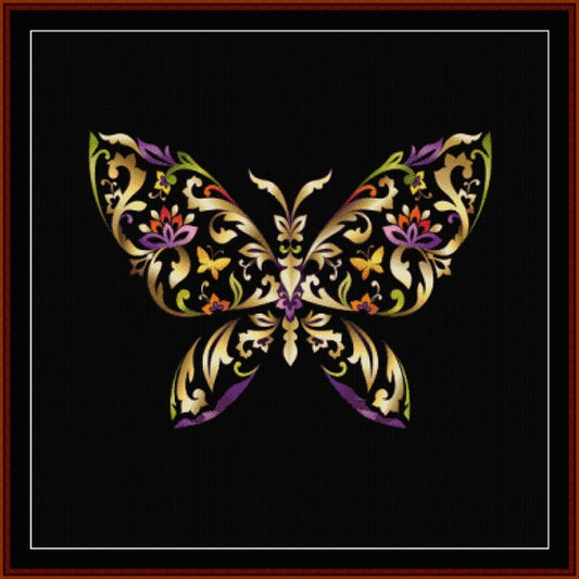 Decorative butterfly with floral patterns on a black background - Counted Cross Stitch Pattern by Cross Stitch Collectibles