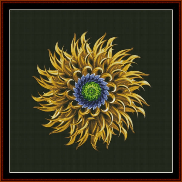 Decorative sunflower design with gold petals and a blue center on a dark background Counted Cross Stitch Pattern by Cross Stitch Collectibles