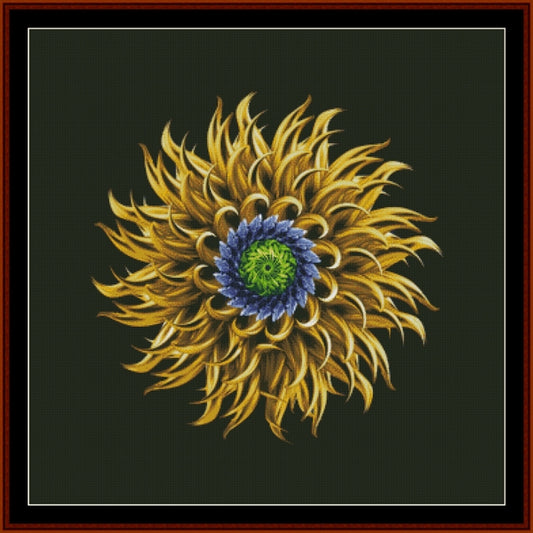 Decorative sunflower design with gold petals and a blue center on a dark background Counted Cross Stitch Pattern by Cross Stitch Collectibles