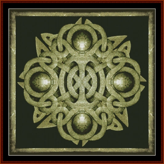 Decorative Celtic knot Counted Cross Stitch Pattern by Cross Stitch Collectibles with three central spheres on a dark background
