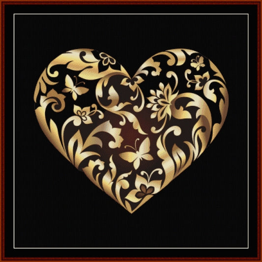 Decorative heart with gold floral and butterfly Counted Cross Stitch Pattern by Cross Stitch Collectibles on a black background
