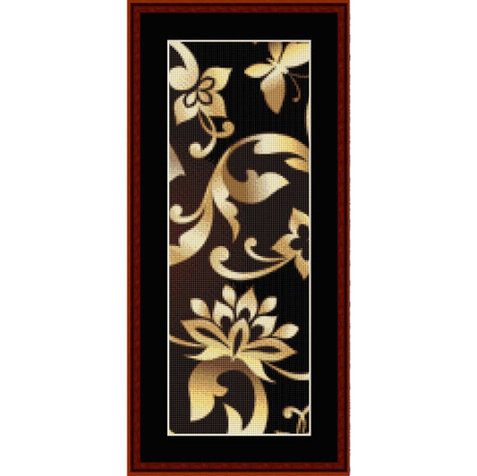 Decorative gold floral Counted Cross Stitch Pattern by Cross Stitch Collectibles on a black background