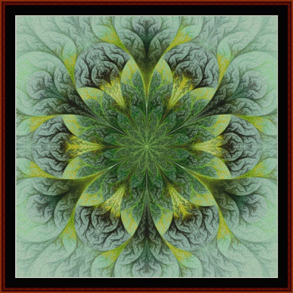 Mandala Counted Cross Stitch Pattern by Cross Stitch Collectibles with green and yellow colors on a light green background