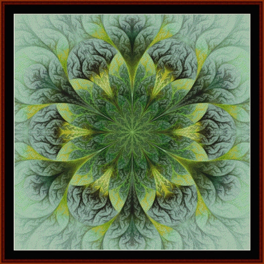 Mandala Counted Cross Stitch Pattern by Cross Stitch Collectibles with green and yellow colors on a light green background