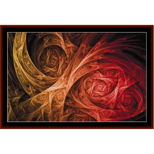 Abstract art Counted Cross Stitch Pattern by Cross Stitch Collectibles with swirling patterns in red and orange 