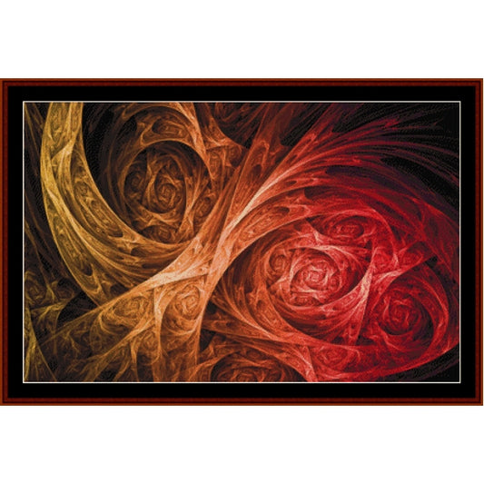 Abstract art Counted Cross Stitch Pattern by Cross Stitch Collectibles with swirling patterns in red and orange 