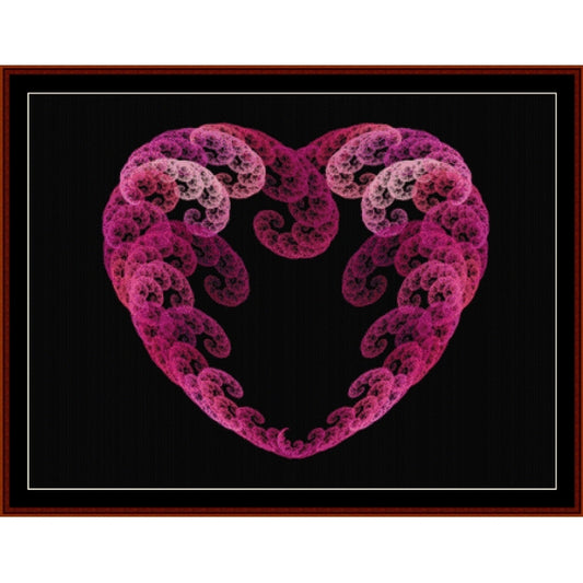 Counted Cross Stitch Pattern by Cross Stitch Collectibles of a pink heart-shaped fractal design on a black background