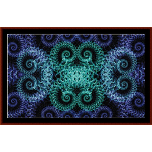 Fractal Counted Cross Stitch Pattern by Cross Stitch Collectibles with swirling patterns in blue and purple