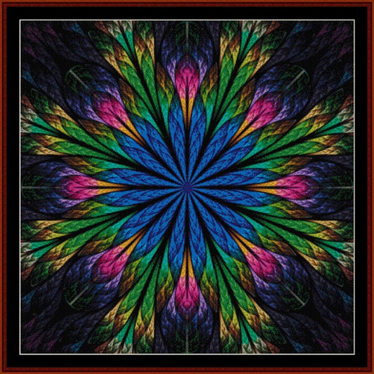 Colorful abstract Counted Cross Stitch Pattern by Cross Stitch Collectibles with a star-like pattern on a dark background