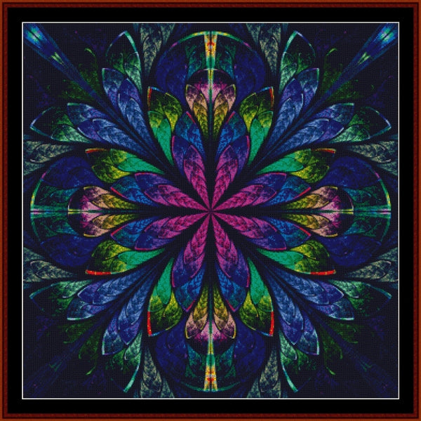 Colorful abstract flower Counted Cross Stitch Pattern by Cross Stitch Collectibles on a dark background