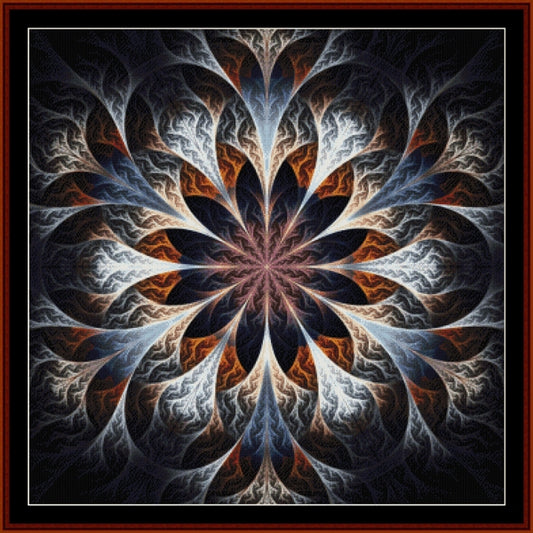 Fractal Counted Cross Stitch Pattern by Cross Stitch Collectibles with a central flower-like design in blue, orange, and white on a black background.