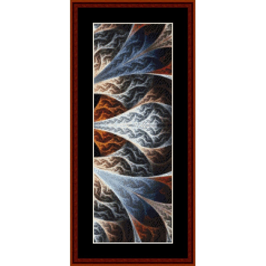 Abstract art Counted Cross Stitch Pattern by Cross Stitch Collectibles with wavy patterns in brown, blue, and white on a black background