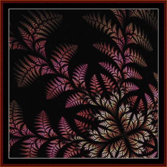 Fern leaf Counted Cross Stitch Pattern by Cross Stitch Collectibles in purple and brown on a black background