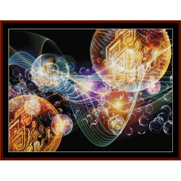 Abstract Counted Cross Stitch Pattern by Cross Stitch Collectibles with colorful swirling patterns and musical symbols on a black background