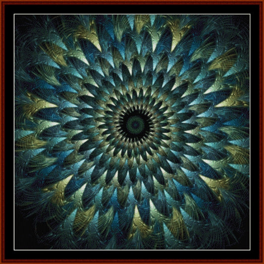 Fractal Counted Cross Stitch Pattern by Cross Stitch Collectibles with a central black circle surrounded by blue and green petals