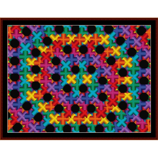 Colorful Counted Cross Stitch Pattern by Cross Stitch Collectibles with black shapes 