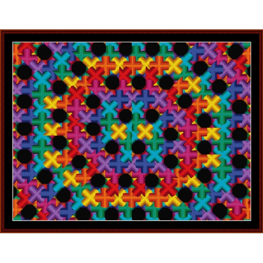 Colorful Counted Cross Stitch Pattern by Cross Stitch Collectibles with black shapes 