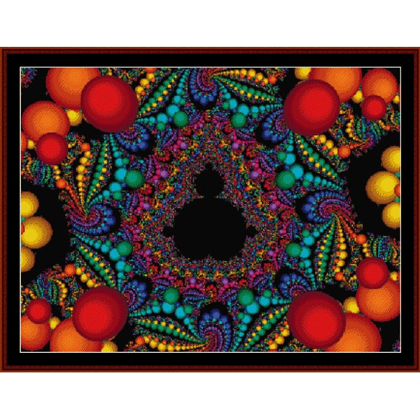 Colorful abstract Counted Cross Stitch Pattern by Cross Stitch Collectibles with vibrant patterns and shapes on a black background