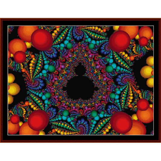 Colorful abstract Counted Cross Stitch Pattern by Cross Stitch Collectibles with vibrant patterns and shapes on a black background