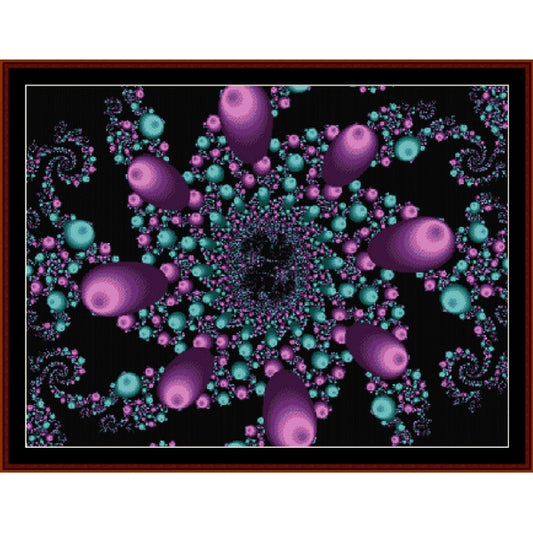 Colorful abstract Counted Cross Stitch Pattern by Cross Stitch Collectibles with purple and teal spheres on a black background