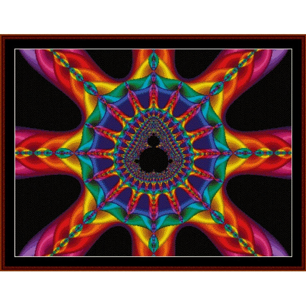 Colorful abstract Counted Cross Stitch Pattern by Cross Stitch Collectibles with a central black circle on a black background