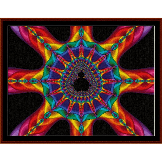 Colorful abstract Counted Cross Stitch Pattern by Cross Stitch Collectibles with a central black circle on a black background