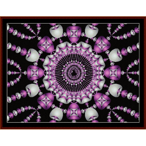 Mandala Counted Cross Stitch Pattern by Cross Stitch Collectibles with purple and white elements on a black background