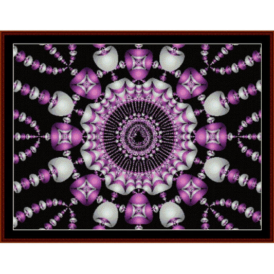 Mandala Counted Cross Stitch Pattern by Cross Stitch Collectibles with purple and white elements on a black background