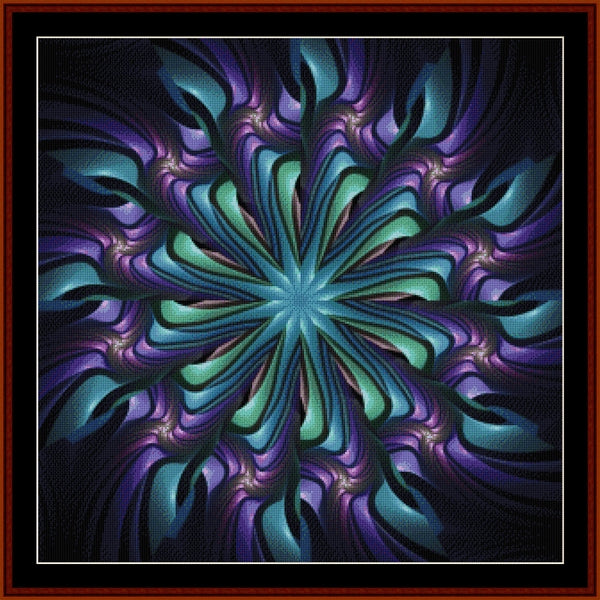 Colorful abstract Counted Cross Stitch Pattern by Cross Stitch Collectibles with a star-like pattern in purple and green.