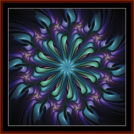 Colorful abstract Counted Cross Stitch Pattern by Cross Stitch Collectibles with a star-like pattern in purple and green.