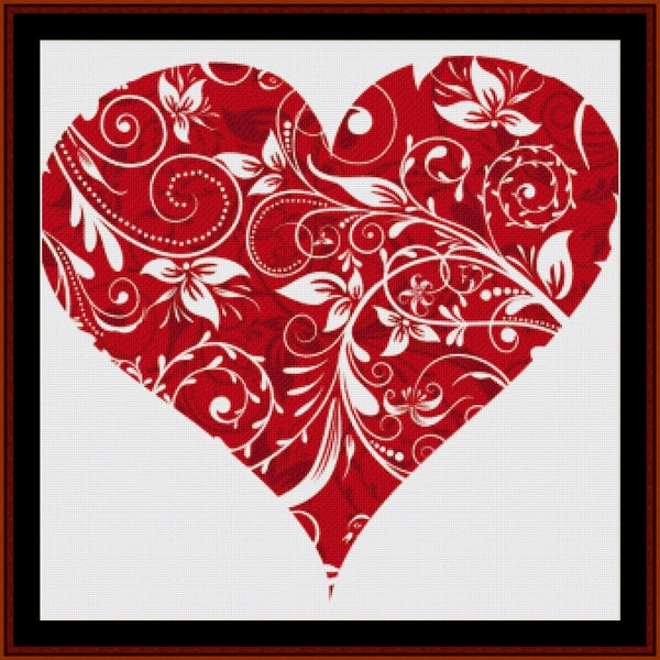 Decorative red heart with white floral patterns on a white background - Counted Cross Stitch Pattern by Cross Stitch Collectibles