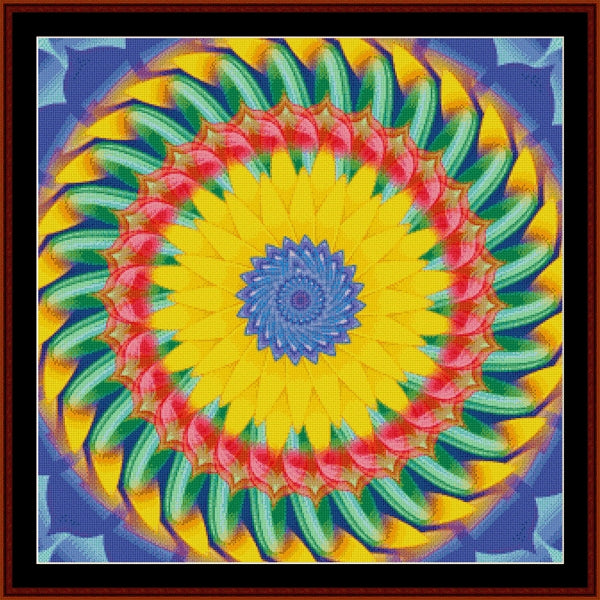 Colorful spiral Counted Cross Stitch Pattern by Cross Stitch Collectibles with a yellow center on a blue background