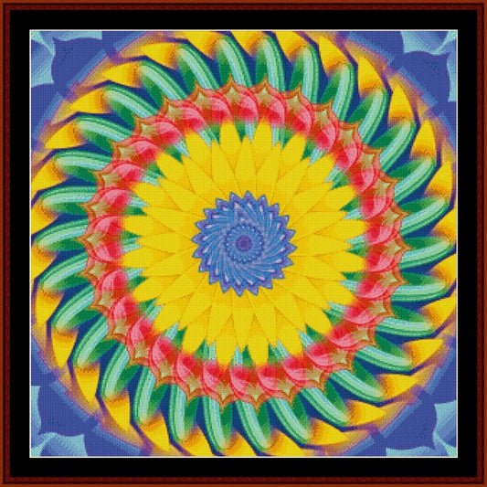 Colorful spiral Counted Cross Stitch Pattern by Cross Stitch Collectibles with a yellow center on a blue background
