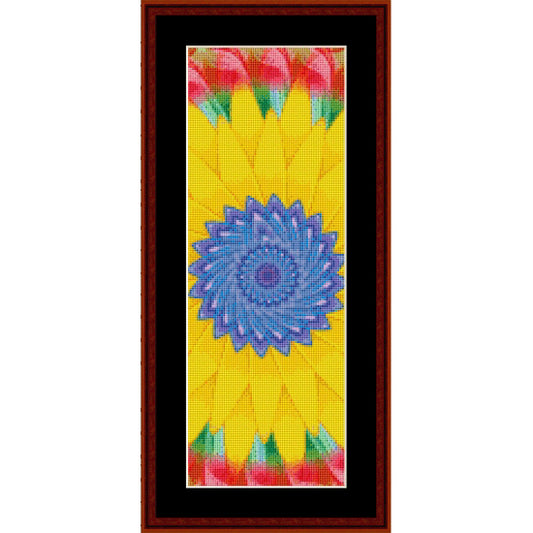 Colorful abstract Counted Cross Stitch Pattern by Cross Stitch Collectibles with a blue center and yellow background