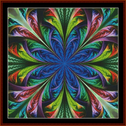 Colorful abstract Counted Cross Stitch Pattern by Cross Stitch Collectibles with a central blue circle, surrounded by green, red, and purple patterns.