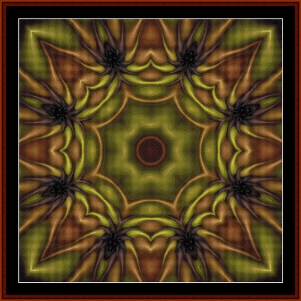 Decorative Counted Cross Stitch Pattern by Cross Stitch Collectibles with spider-like shapes on a green and brown background