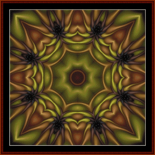 Decorative Counted Cross Stitch Pattern by Cross Stitch Collectibles with spider-like shapes on a green and brown background