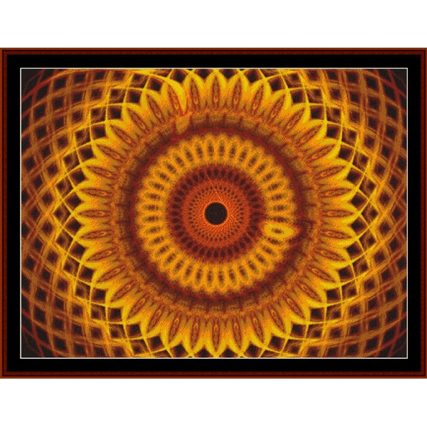 Mandala Counted Cross Stitch Pattern by Cross Stitch Collectibles with concentric circles in yellow and brown 