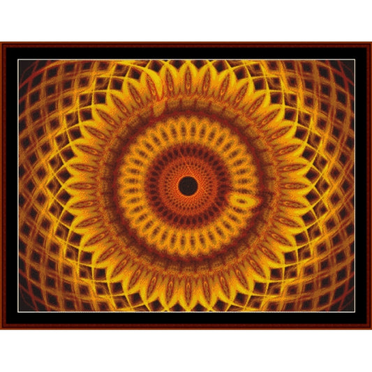 Mandala Counted Cross Stitch Pattern by Cross Stitch Collectibles with concentric circles in yellow and brown 