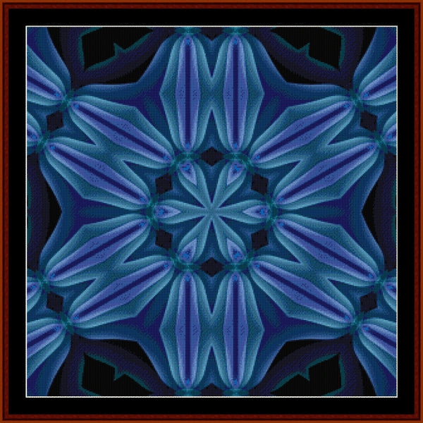 Blue geometric Counted Cross Stitch Pattern by Cross Stitch Collectibles with a star-like design on a dark background