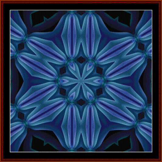 Blue geometric Counted Cross Stitch Pattern by Cross Stitch Collectibles with a star-like design on a dark background