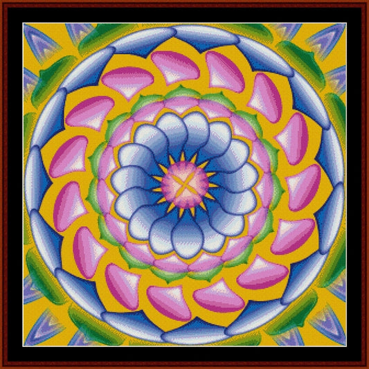 Colorful mandala Counted Cross Stitch Pattern by Cross Stitch Collectibles with a blue center on a yellow background