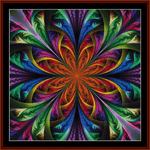Colorful abstract Counted Cross Stitch Pattern by Cross Stitch Collectibles with a central spiral pattern