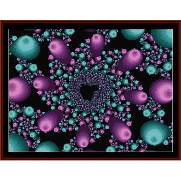 Futuristic Counted Cross Stitch Pattern by Cross Stitch Collectibles with purple and teal spheres on a black background