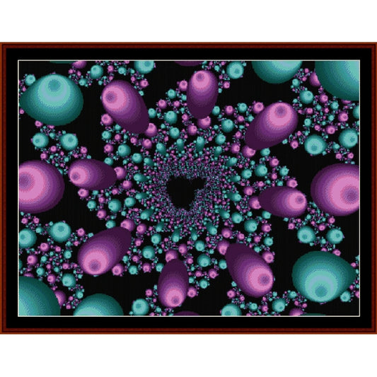 Futuristic Counted Cross Stitch Pattern by Cross Stitch Collectibles with purple and teal spheres on a black background