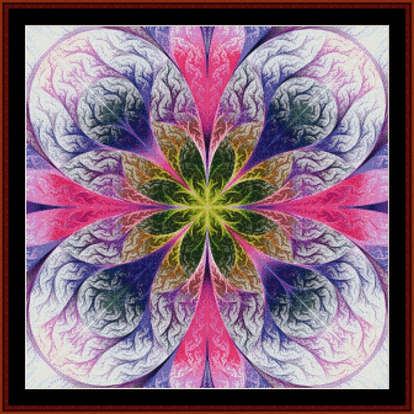 Colorful mandala Counted Cross Stitch Pattern by Cross Stitch Collectibles with pink, purple, green, and blue colors.